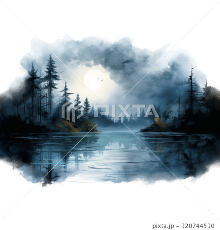 A Moonlit Forest Lake with Silhouetted Trees and Fog A Moonlit Forest Lake with Silhouetted Trees and Fog 120744510