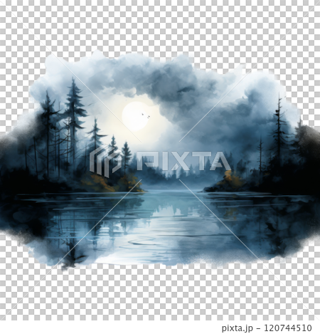 A Moonlit Forest Lake with Silhouetted Trees and Fog 120744510