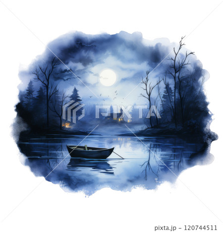 A Serene Nighttime Landscape with a Church, Moon, and Boat A Serene Nighttime Landscape with a Church, Moon, and Boat 120744511