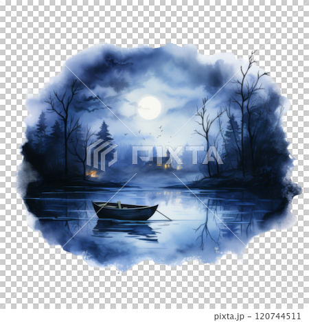 A Serene Nighttime Landscape with a Church, Moon, and Boat A Serene Nighttime Landscape with a Church, Moon, and Boat 120744511