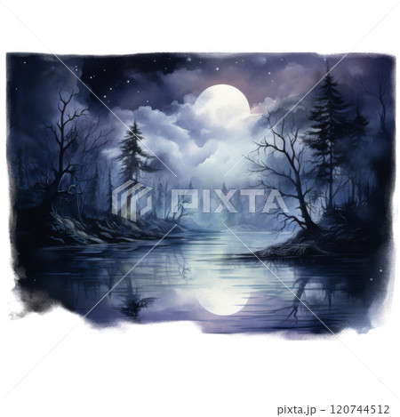 A Silhouetted Forest Reflecting in a Moonlit Lake 120744512