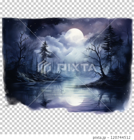 A Silhouetted Forest Reflecting in a Moonlit Lake 120744512