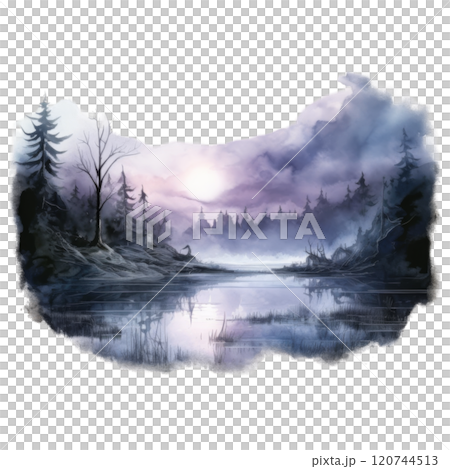 A Silhouetted Forest Reflecting in a Misty Lake 120744513