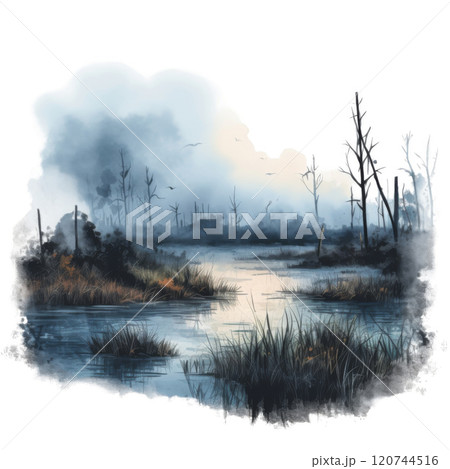 A Foggy Marsh Scene with a Still, Reflective Pond and Silhouetted Trees A Foggy Marsh Scene with a Still, Reflective Pond and Silhouetted Trees 120744516