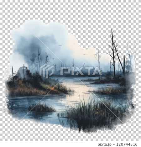 A Foggy Marsh Scene with a Still, Reflective Pond and Silhouetted Trees A Foggy Marsh Scene with a Still, Reflective Pond and Silhouetted Trees 120744516