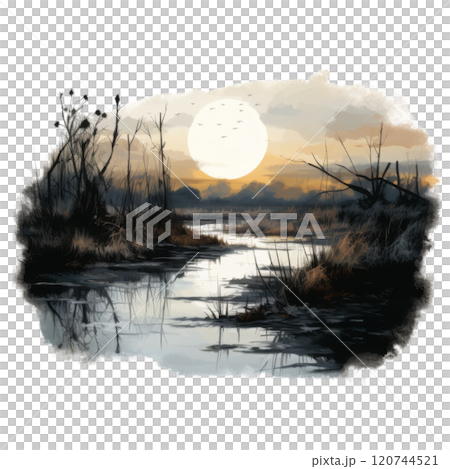 A Golden Sunset Over a Still, Winding River A Golden Sunset Over a Still, Winding River 120744521