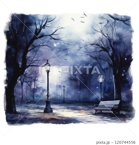 A Lonely Bench Under a Night Sky with Bare Trees and Streetlights 120744556