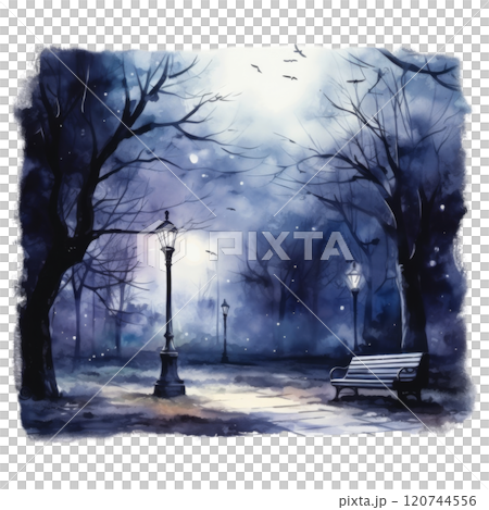 A Lonely Bench Under a Night Sky with Bare Trees and Streetlights 120744556
