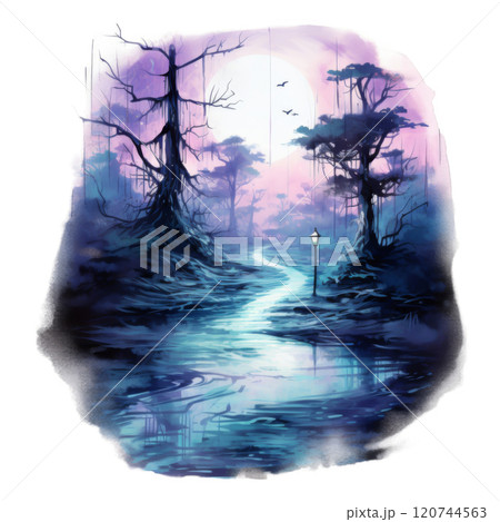 Moonlight path through a dark and dreamy forest with a single lamppost 120744563