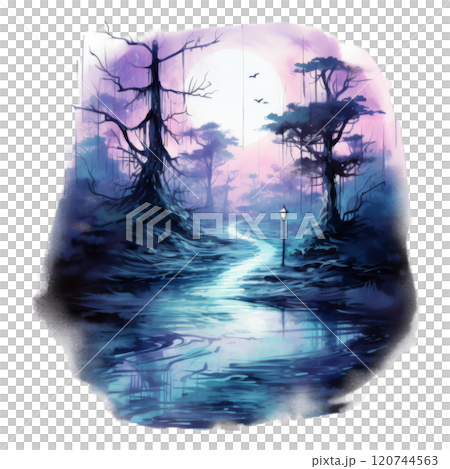 Moonlight path through a dark and dreamy forest with a single lamppost 120744563