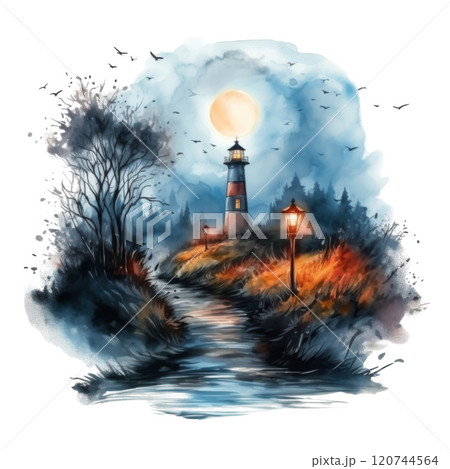 Watercolor Painting of a Lighthouse, Moon, and a Path Leading to It 120744564