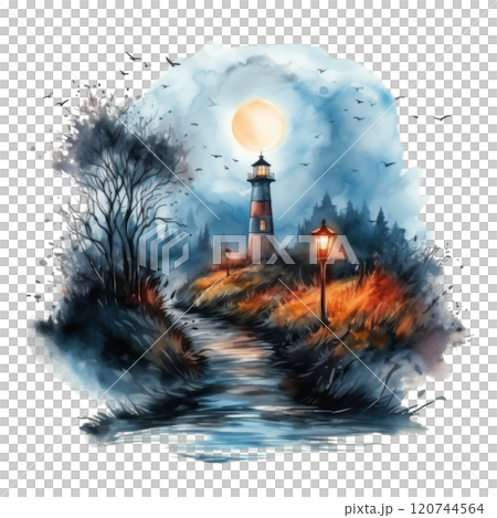 Watercolor Painting of a Lighthouse, Moon, and a Path Leading to It 120744564