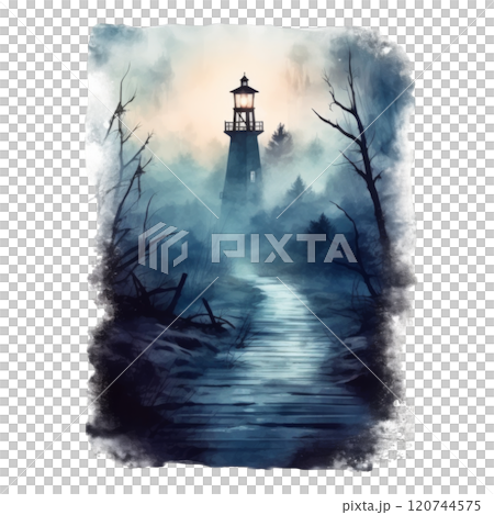 A Silhouetted Lighthouse in a Foggy Forest 120744575