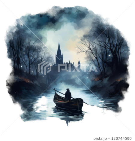 A solitary figure rows towards a mysterious castle in a misty, twilight landscape. A solitary figure rows towards a mysterious castle in a misty, twilight landscape. 120744590