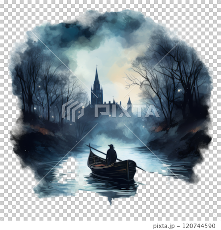 A solitary figure rows towards a mysterious castle in a misty, twilight landscape. A solitary figure rows towards a mysterious castle in a misty, twilight landscape. 120744590