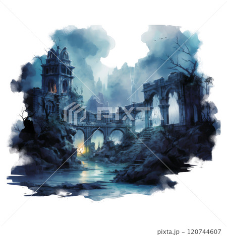 Ruins of an Ancient City with a Tower and a Bridge Over a River 120744607