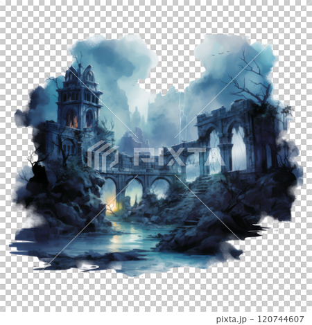 Ruins of an Ancient City with a Tower and a Bridge Over a River 120744607