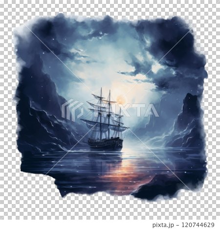 A ship sailing through a calm ocean between dark cliffs at sunset. 120744629