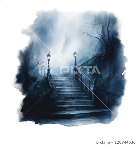 Stone Steps Leading Upward Through Foggy Woods 120744636