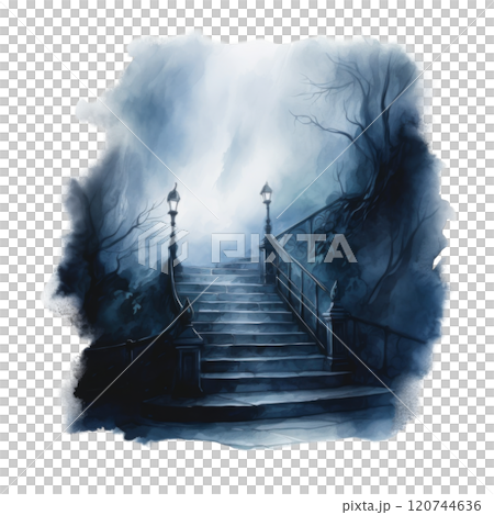 Stone Steps Leading Upward Through Foggy Woods 120744636