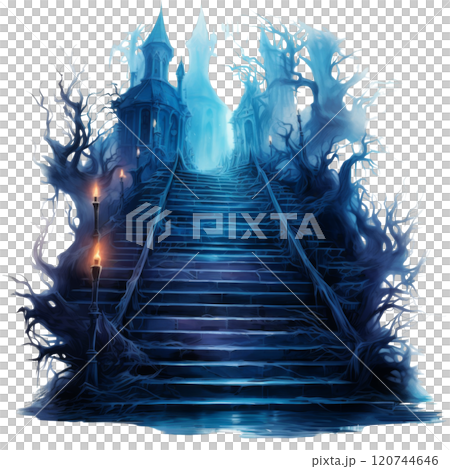Blue Stone Staircase Leading Upwards Through an Eerie, Tree-Lined Forest 120744646
