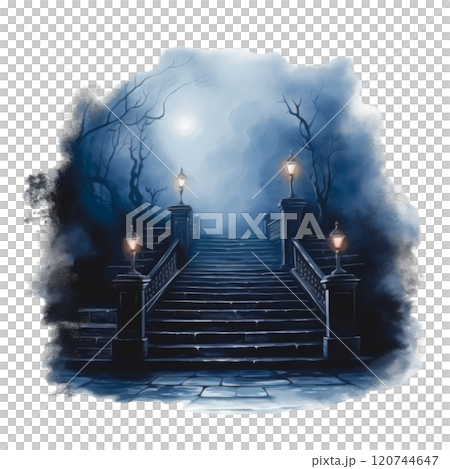 A Long Stairway Leading Up Through a Foggy, Moonlit Forest 120744647