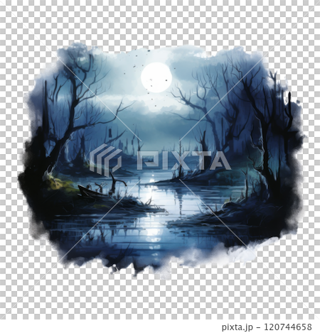 A Moonlight Scene of a Still Waterway with Bare Trees and a Sunken Boat 120744658