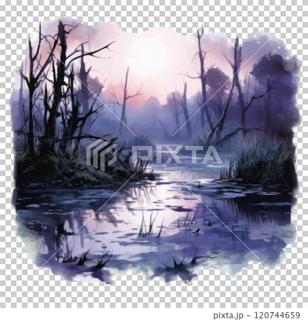 A Silhouetted Forest Reflected in a Still Swamp A Silhouetted Forest Reflected in a Still Swamp 120744659