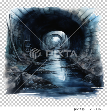 A Dark and Gloomy Tunnel with a Stream of Water Running Through It 120744665