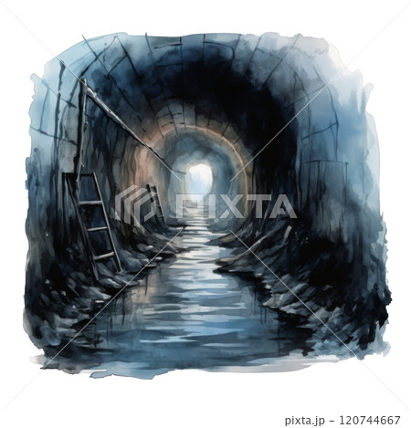 Watercolor painting of a dark, wet tunnel with ladders and a distant light source. Watercolor painting of a dark, wet tunnel with ladders and a distant light source. 120744667