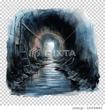 Watercolor painting of a dark, wet tunnel with ladders and a distant light source. Watercolor painting of a dark, wet tunnel with ladders and a distant light source. 120744667