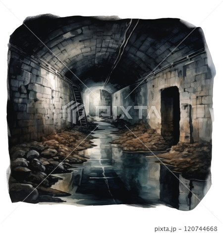 A Waterlogged Underground Tunnel with a Ladder and a Doorway 120744668