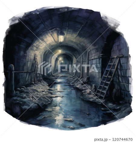 A dimly lit tunnel with ladders and a puddle in the middle 120744670