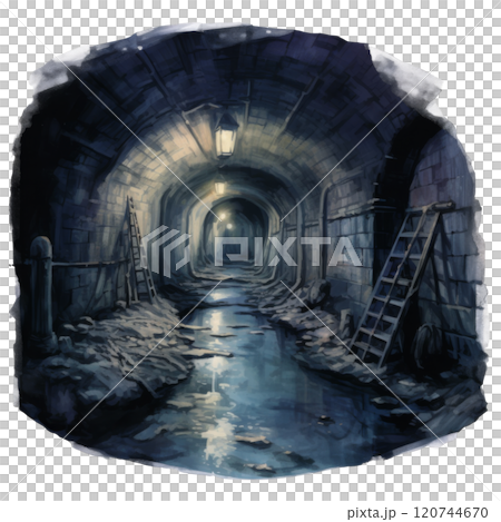 A dimly lit tunnel with ladders and a puddle in the middle 120744670