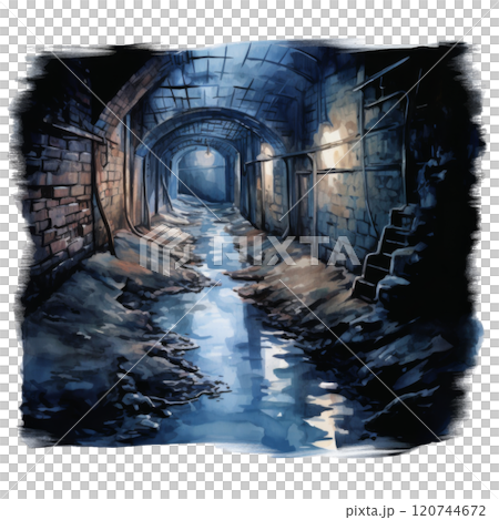 A Waterway Through a Dark and Crumbling Underground Passage 120744672