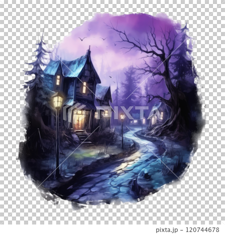 A Mystical Cottage Village Illuminated by Twilight 120744678