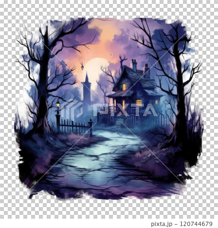 A Cottage in a Crepuscular Forest with a Tower in the Distance A Cottage in a Crepuscular Forest with a Tower in the Distance 120744679