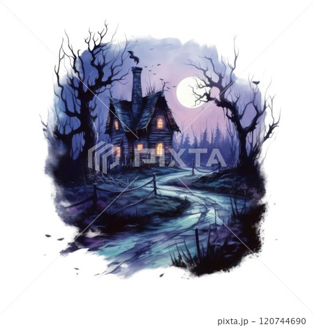 A Mystical, Moonlight-Illuminated Cottage in a Dark Forest 120744690
