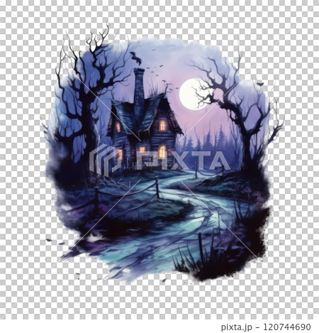 A Mystical, Moonlight-Illuminated Cottage in a Dark Forest 120744690