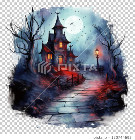 A Haunted House with a Cobblestone Path and a Full Moon A Haunted House with a Cobblestone Path and a Full Moon 120744692