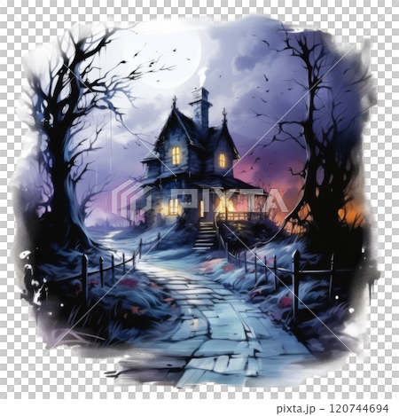 A Haunted House with a Stone Path Under the Moonlight 120744694