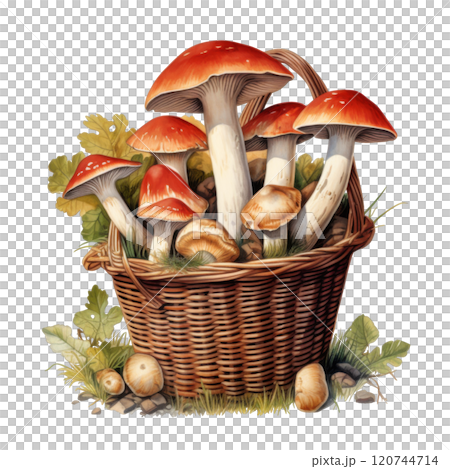 A Basket of Red and Brown Mushrooms with Oak Leaves and Grass 120744714