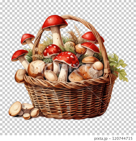 Wicker Basket Filled with Red and Brown Mushrooms 120744715