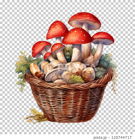 A Basket of Red-Capped Mushrooms with White Spots A Basket of Red-Capped Mushrooms with White Spots 120744717