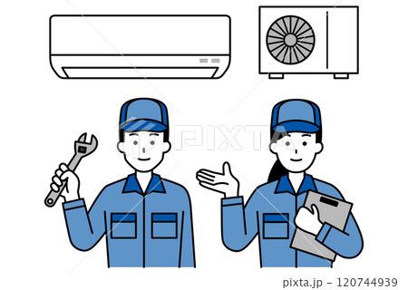 エアコンのトラブルを解決する修理業者の男女 120744939