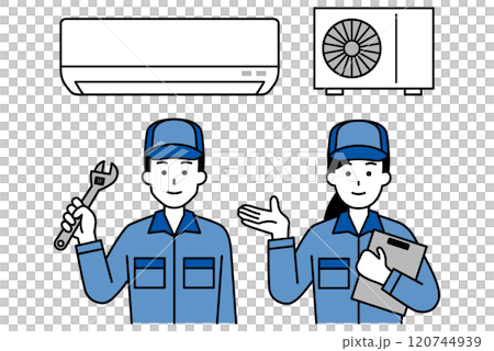 エアコンのトラブルを解決する修理業者の男女 120744939