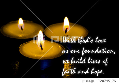 Christianity prayer and quotes regarding faith and God with Holy Rosary, Bible and burning candles background. Religious concept 120745173