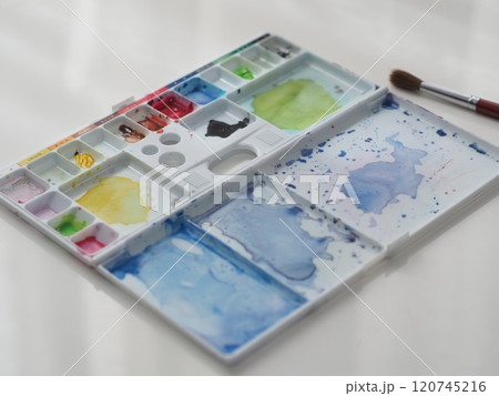 水彩絵の具のパレットと筆 水彩絵の具のパレットと筆 120745216