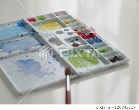 水彩絵の具のパレットと筆 水彩絵の具のパレットと筆 120745217