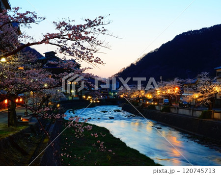 山形県鶴岡市あつみ温泉の夕景と夜桜の風景より 120745713